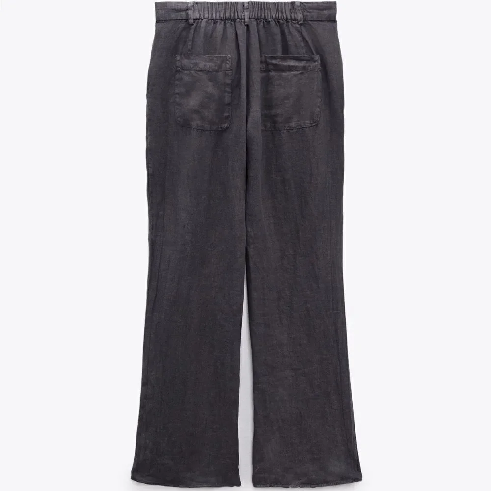 Zara 100% Linen Washed Grey Pants Flared